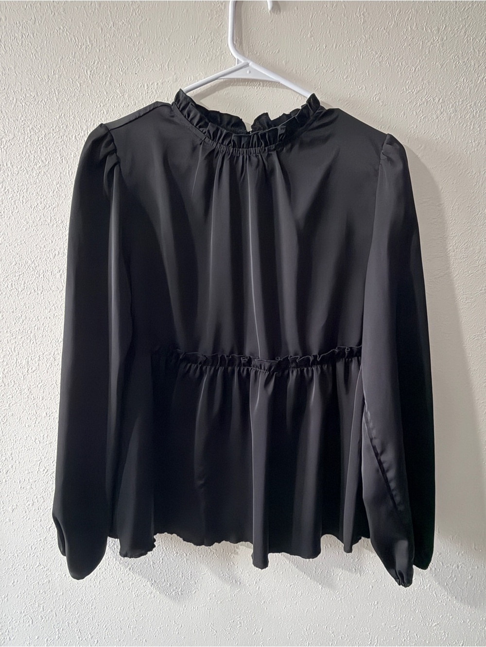 SHEIN Black Ruffle-Trim Long Sleeve Blouse